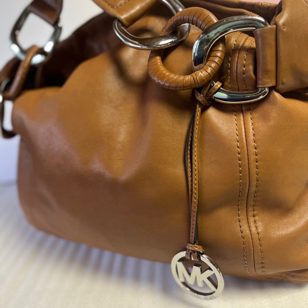 Michael Kors Leather Hobo Bag MK brown Silver Metal Accents Buttery soft Leather
